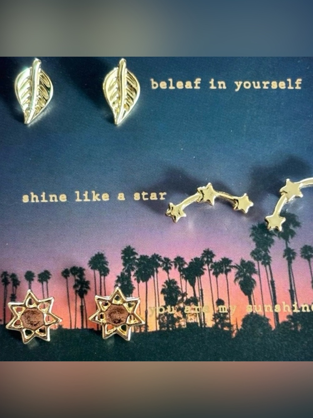 Gemma Simone 14k Gold Plated Sun Stars Leaf
Stud Earring Trio Set NWOT